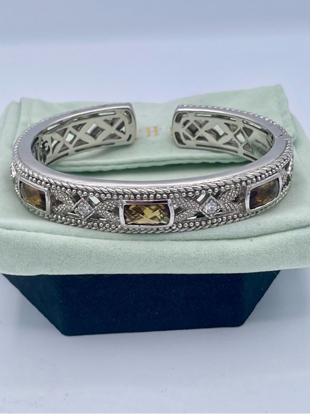 Judith Ripka Sterling Silver 925 Citrine CZ Hinged Cuff Bracelet Heavy 50.3g  7”